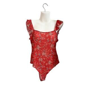 Socialite Red Floral Flutter Sleeves Ribbed Bodysuit Size Small Botanical Boho